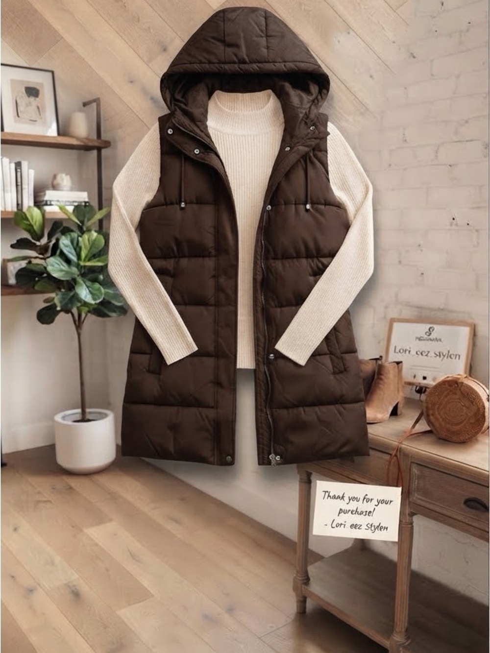 Women's Hooded Quilted Longline Puffer Vest - Brown